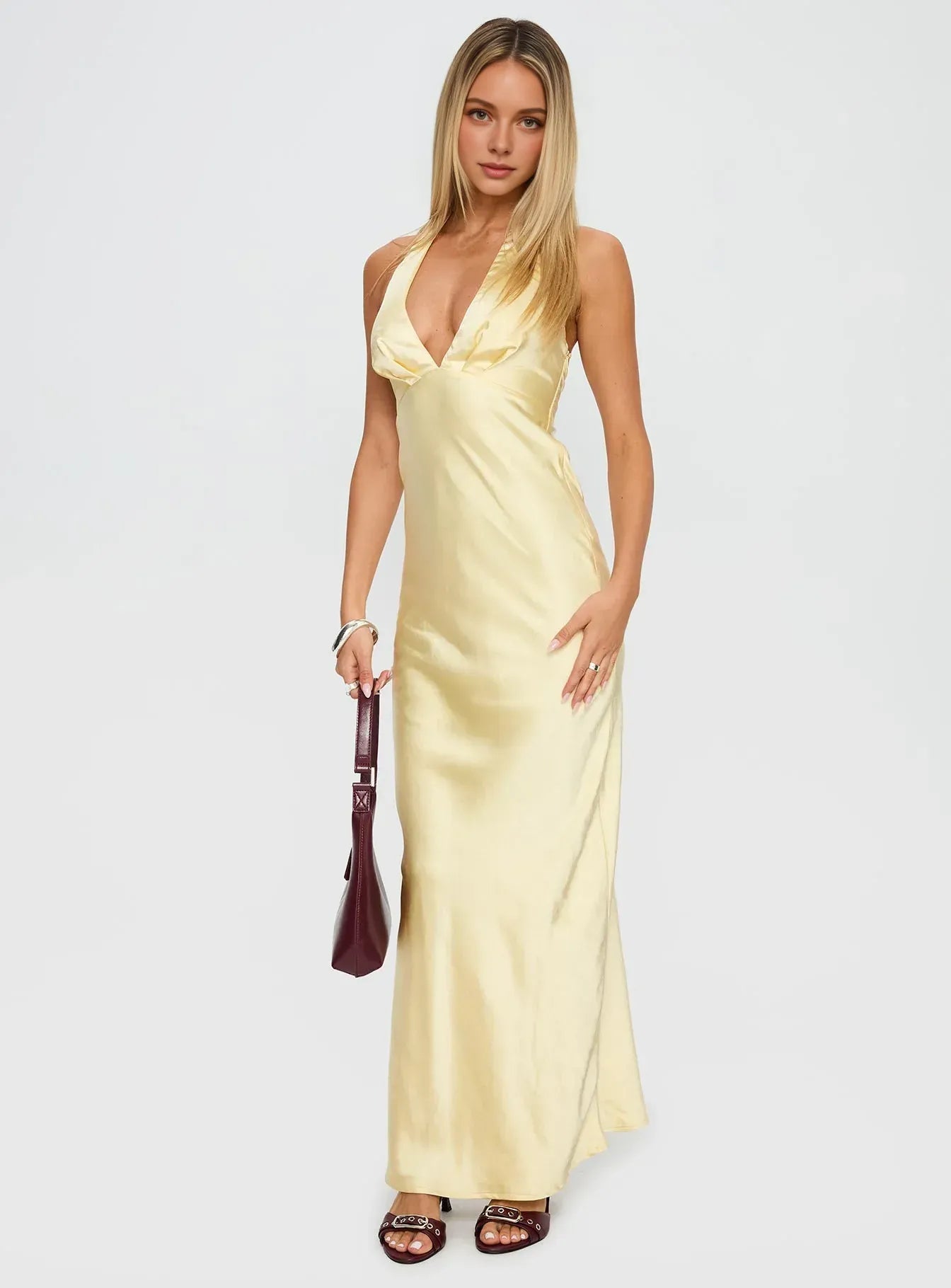 Low cost Bodycon Halter Neck Sleeveless Satin Ankle-Length Prom Dress