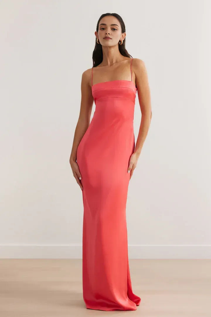 Low cost Fitted Spaghetti Straps Sleeveless Satin Floor-Length Prom Dress