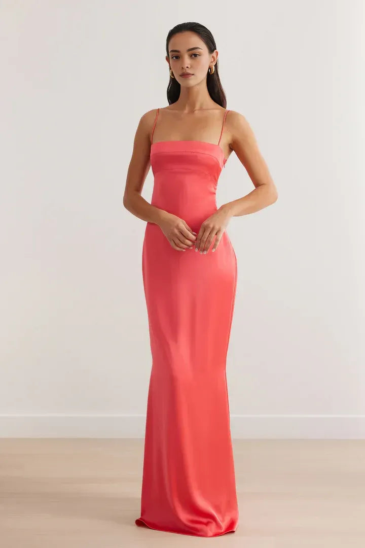 Low cost Fitted Spaghetti Straps Sleeveless Satin Floor-Length Prom Dress