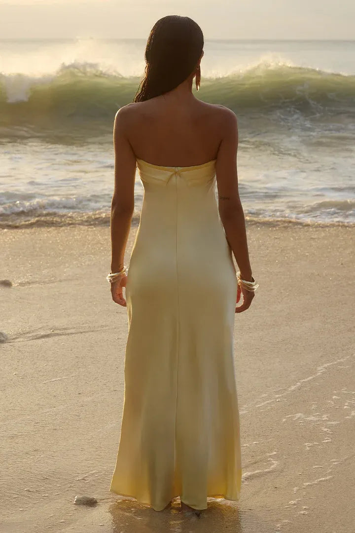 Low cost Fitted Strapless Sleeveless Satin Ankle-Length Prom Dress