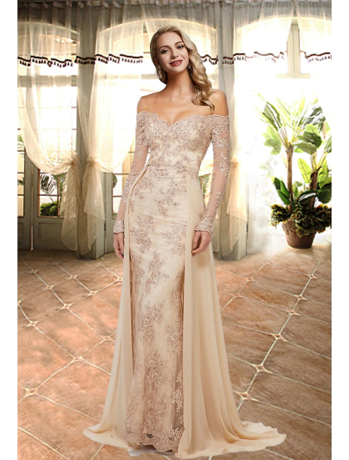 Model wearing a luxurious A-line off-shoulder lace prom dress with overskirt.