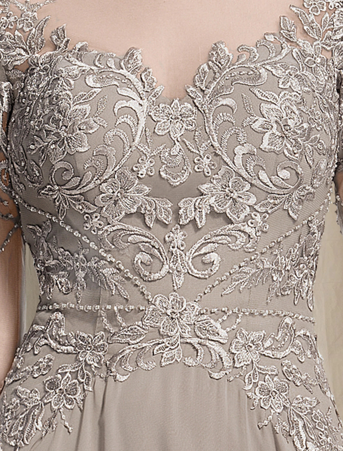 Luxurious long sleeve A-Line dress in chiffon and lace, perfect for mothers of the bride.