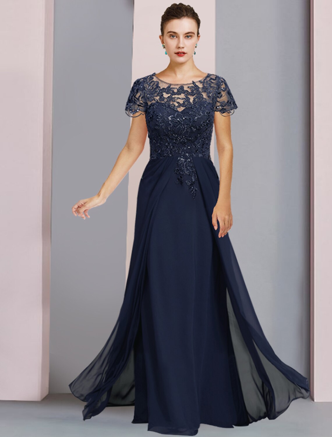 Elegant Mother of the Bride dress, scoop neck, short sleeves, chiffon lace with sequins.