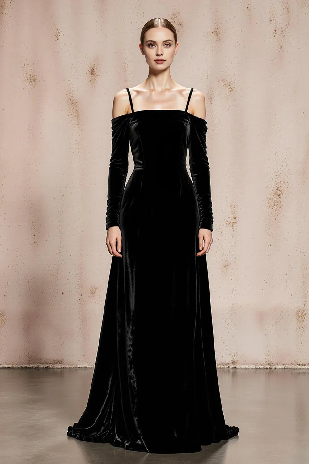 Luxurious A-Line Cold Shoulder Long Sleeve Velvet Sweep/Brush Train Prom Dress