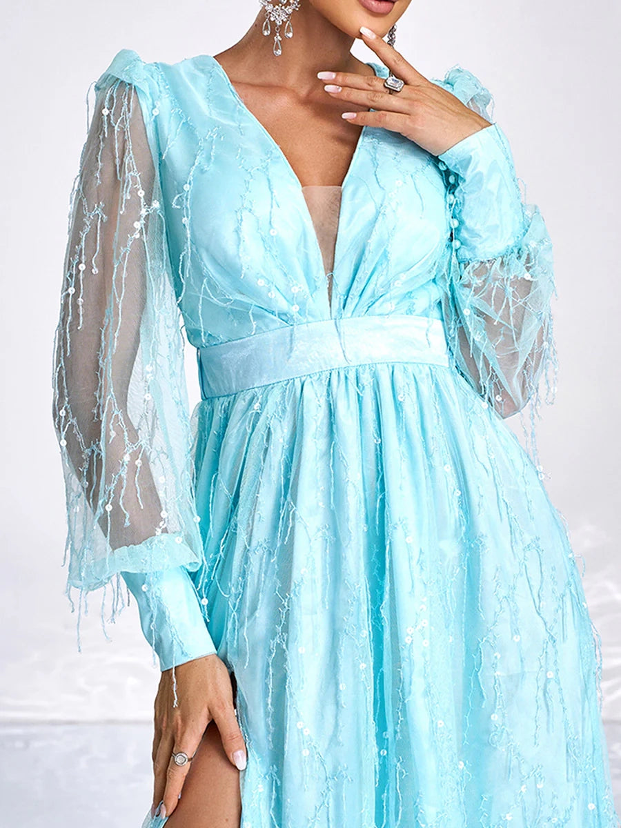 Luxurious A-Line V Neck Long Sleeve Zipper Up Sweep/Brush Train Prom Dress