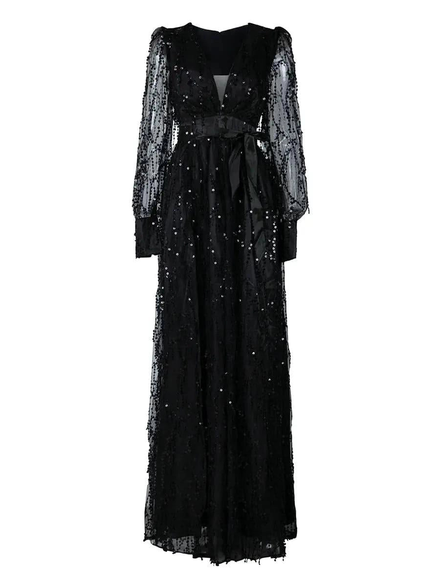 Luxurious A-Line V Neck Long Sleeve Zipper Up Sweep/Brush Train Prom Dress