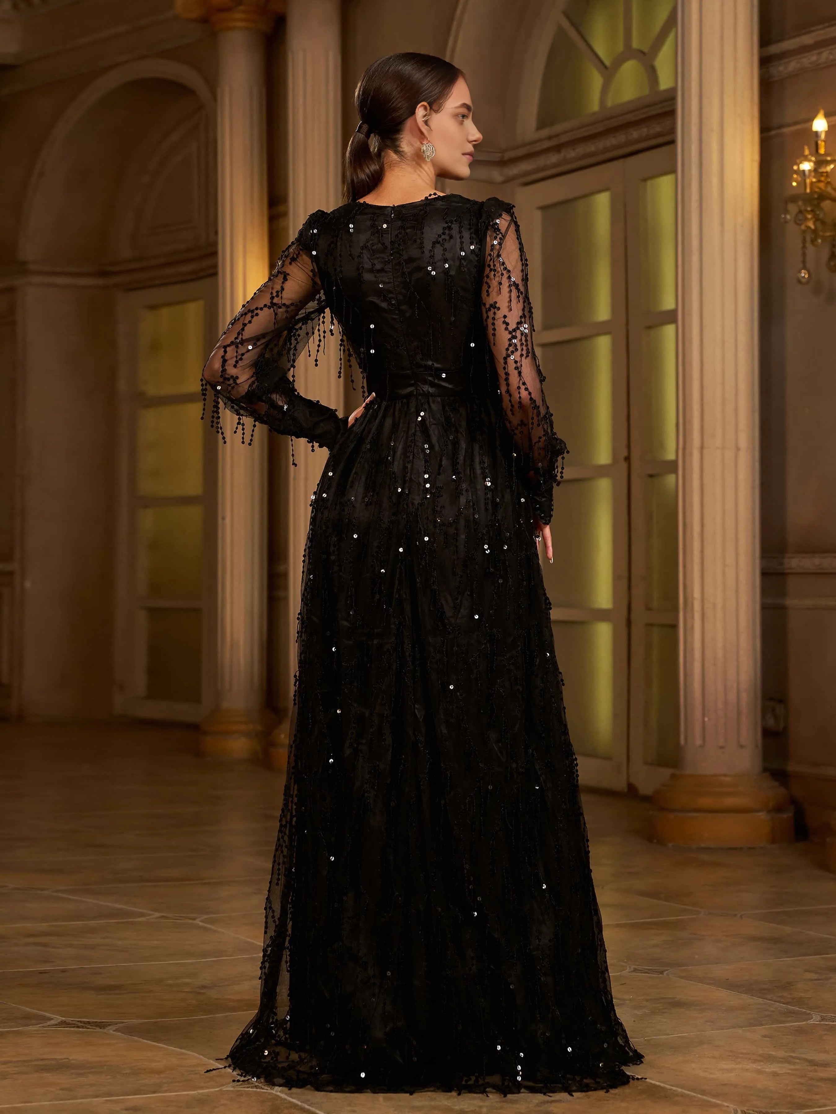 Luxurious A-Line V Neck Long Sleeve Zipper Up Sweep/Brush Train Prom Dress