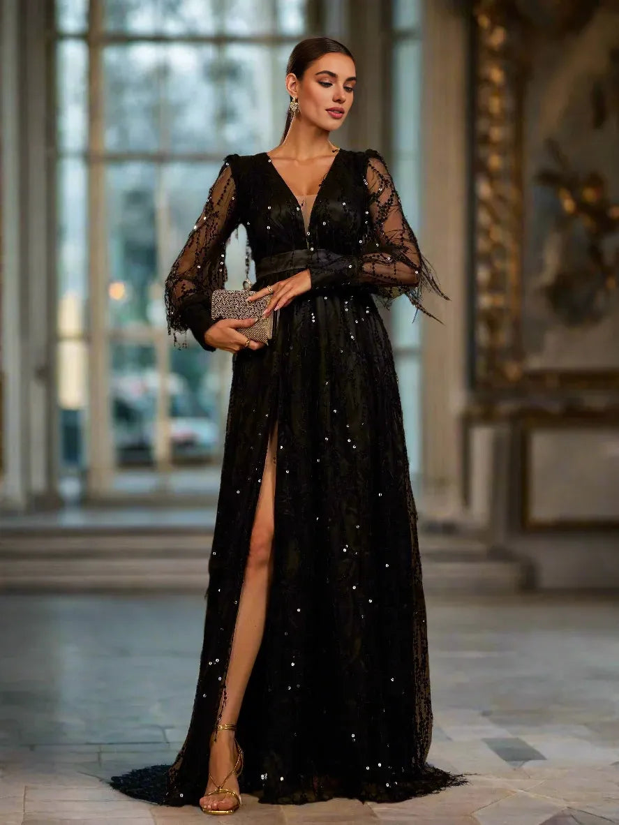 Luxurious A-Line V Neck Long Sleeve Zipper Up Sweep/Brush Train Prom Dress