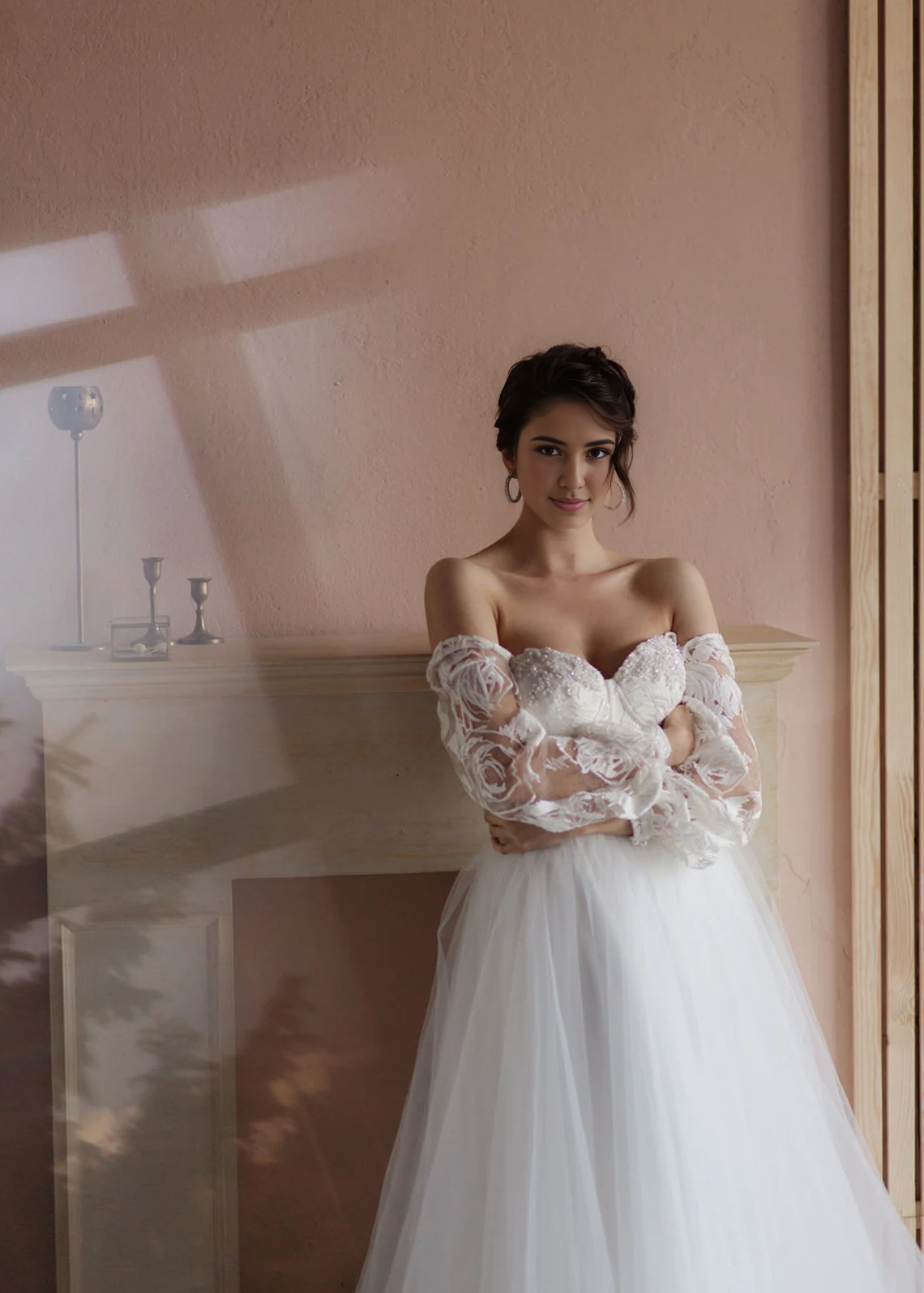 Luxurious Corset Wedding Dress Voluminous Long Boho Sleeves Romantic Embroidered Lace Gown Whimsical Skirt Classic Wedding Bride Dress
