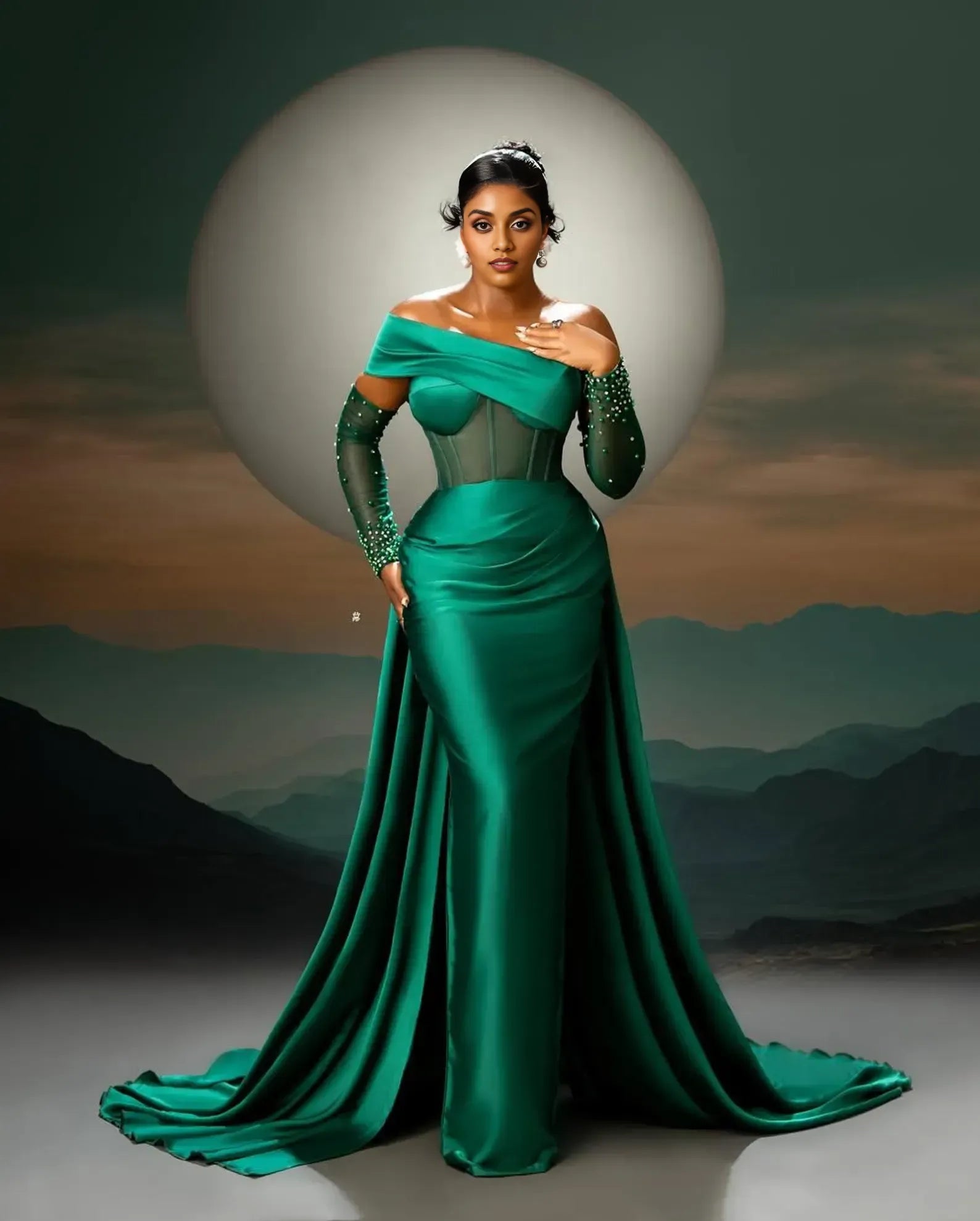 Luxurious Mermaid Off the Shoulder Long Sleeves Pleated Satin Sweep Train Prom Dress