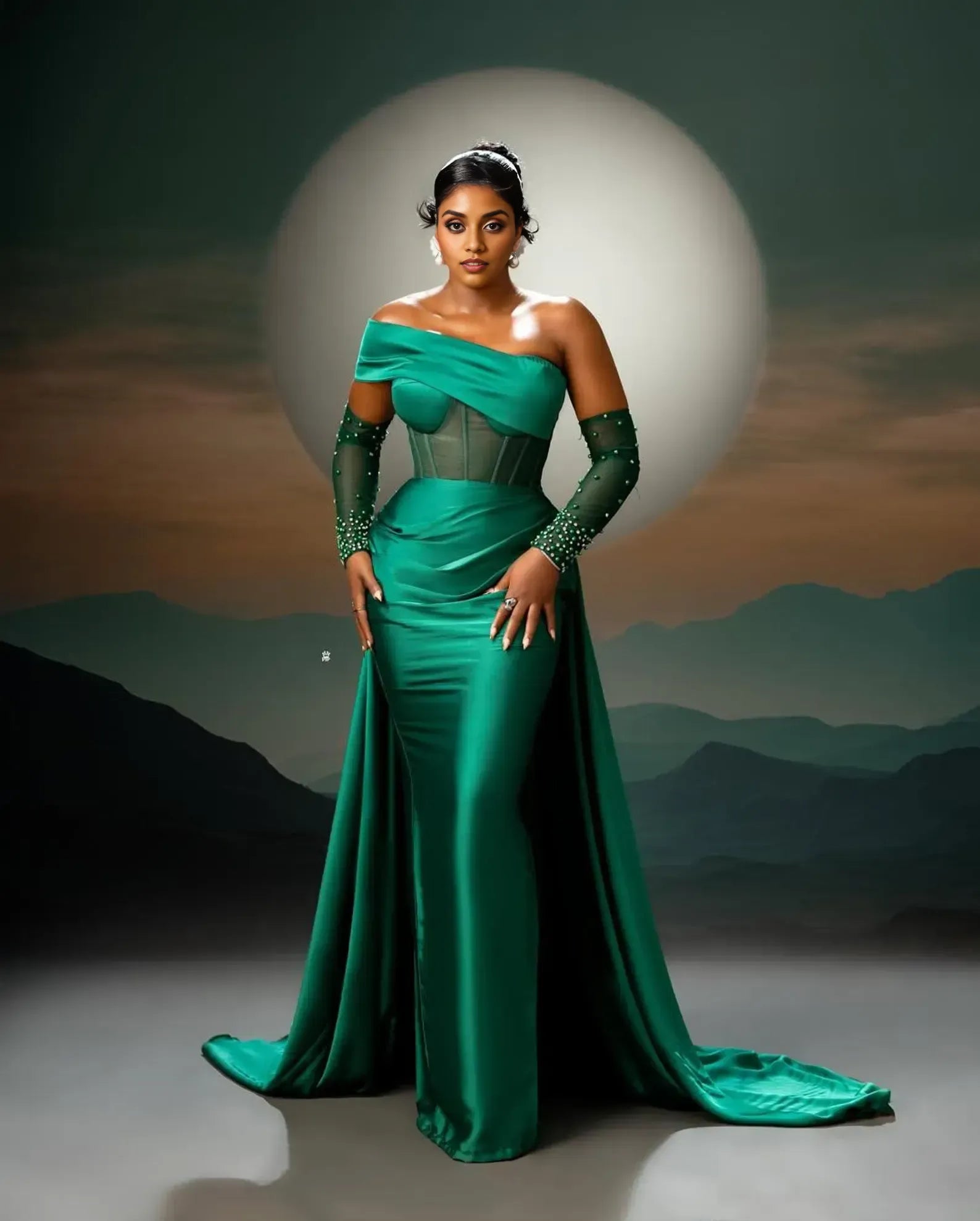 Luxurious Mermaid Off the Shoulder Long Sleeves Pleated Satin Sweep Train Prom Dress