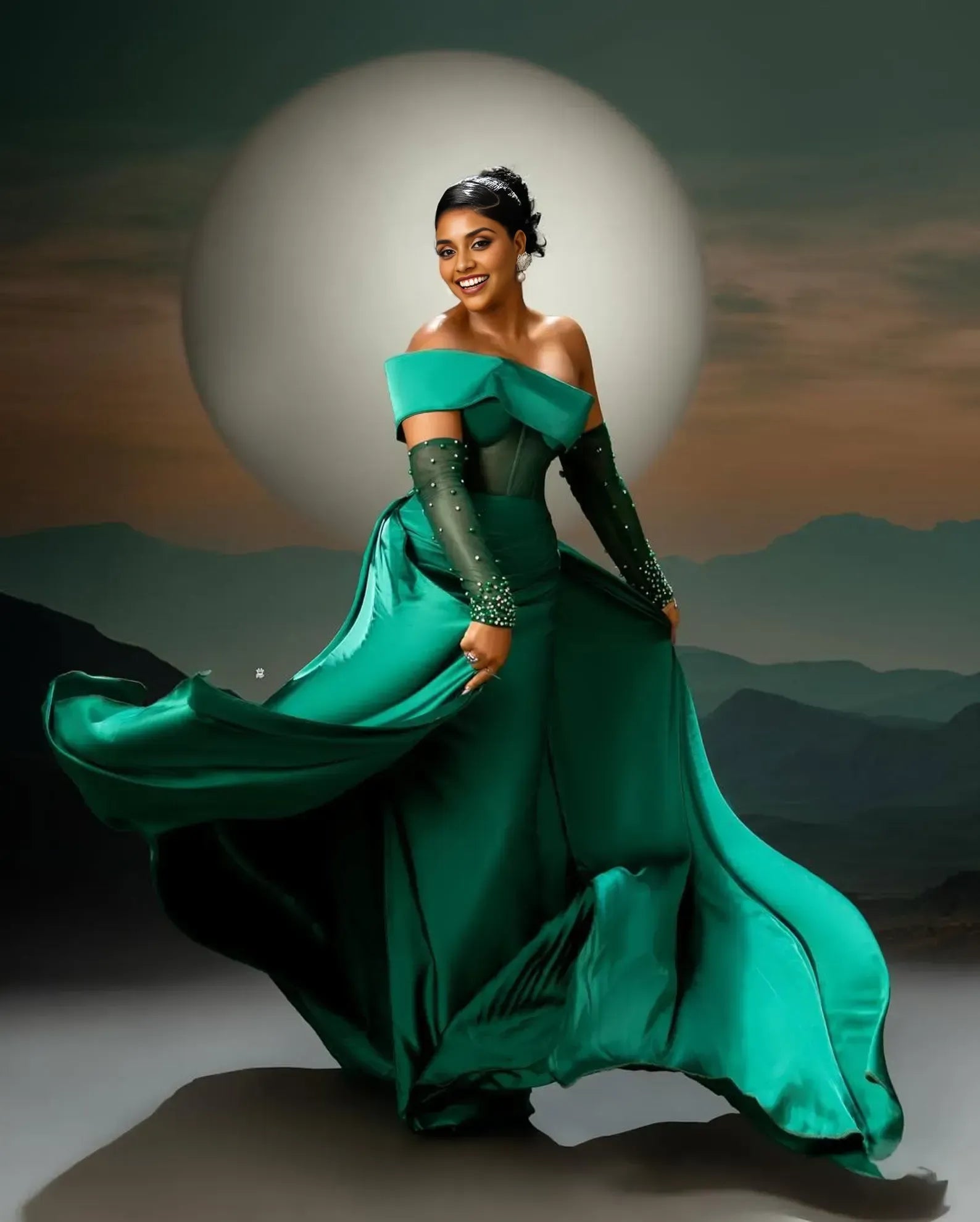 Luxurious Mermaid Off the Shoulder Long Sleeves Pleated Satin Sweep Train Prom Dress