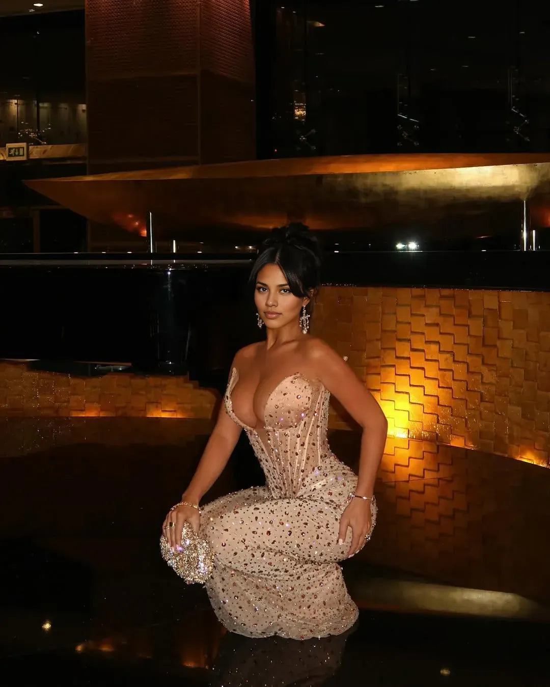 Luxurious Sheath V Neck Sleeveless Pleated Rhinestones Floor-Length Evening Dress