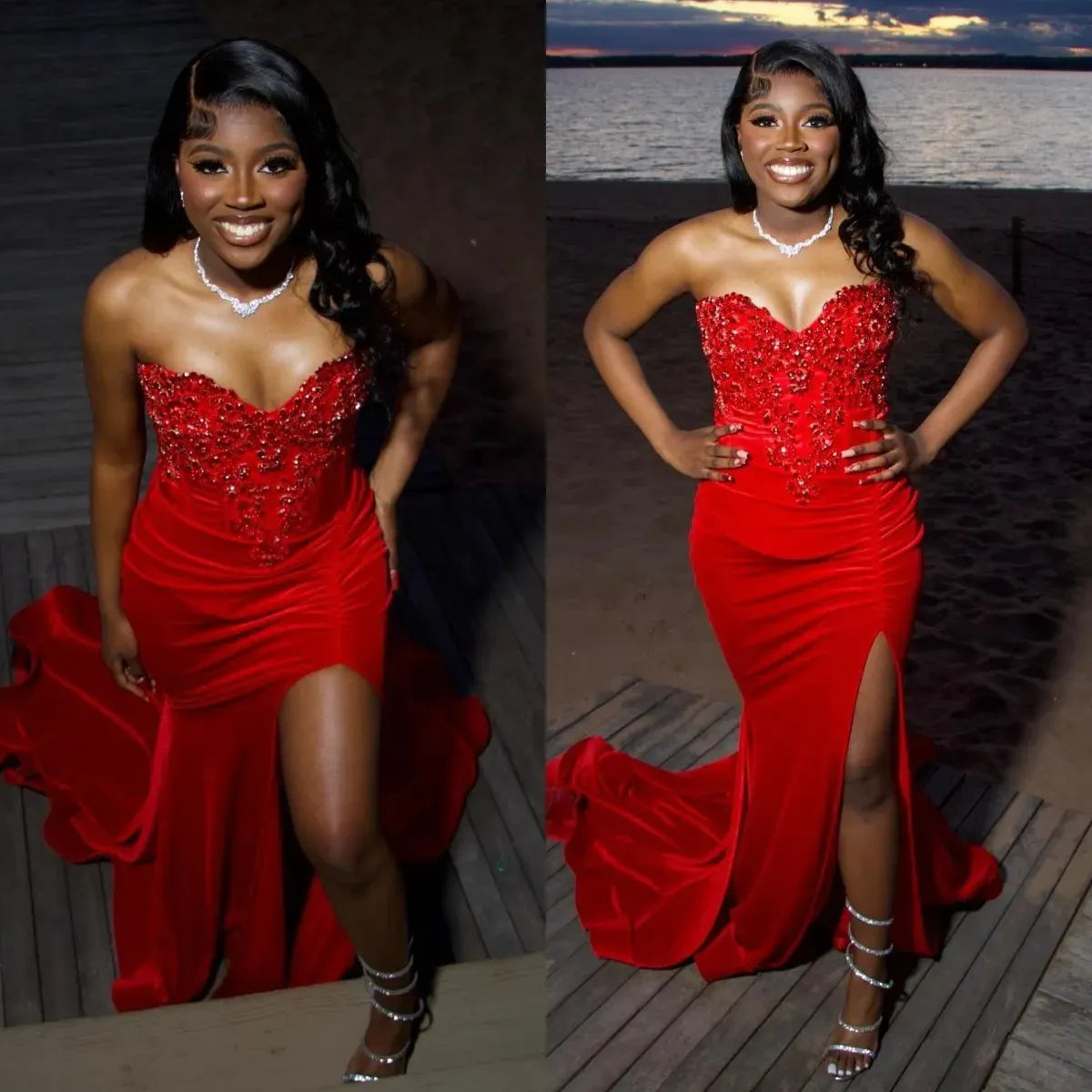 Luxurious V-neck Sleeveless Mermaid Slit Satin Long Prom Dress