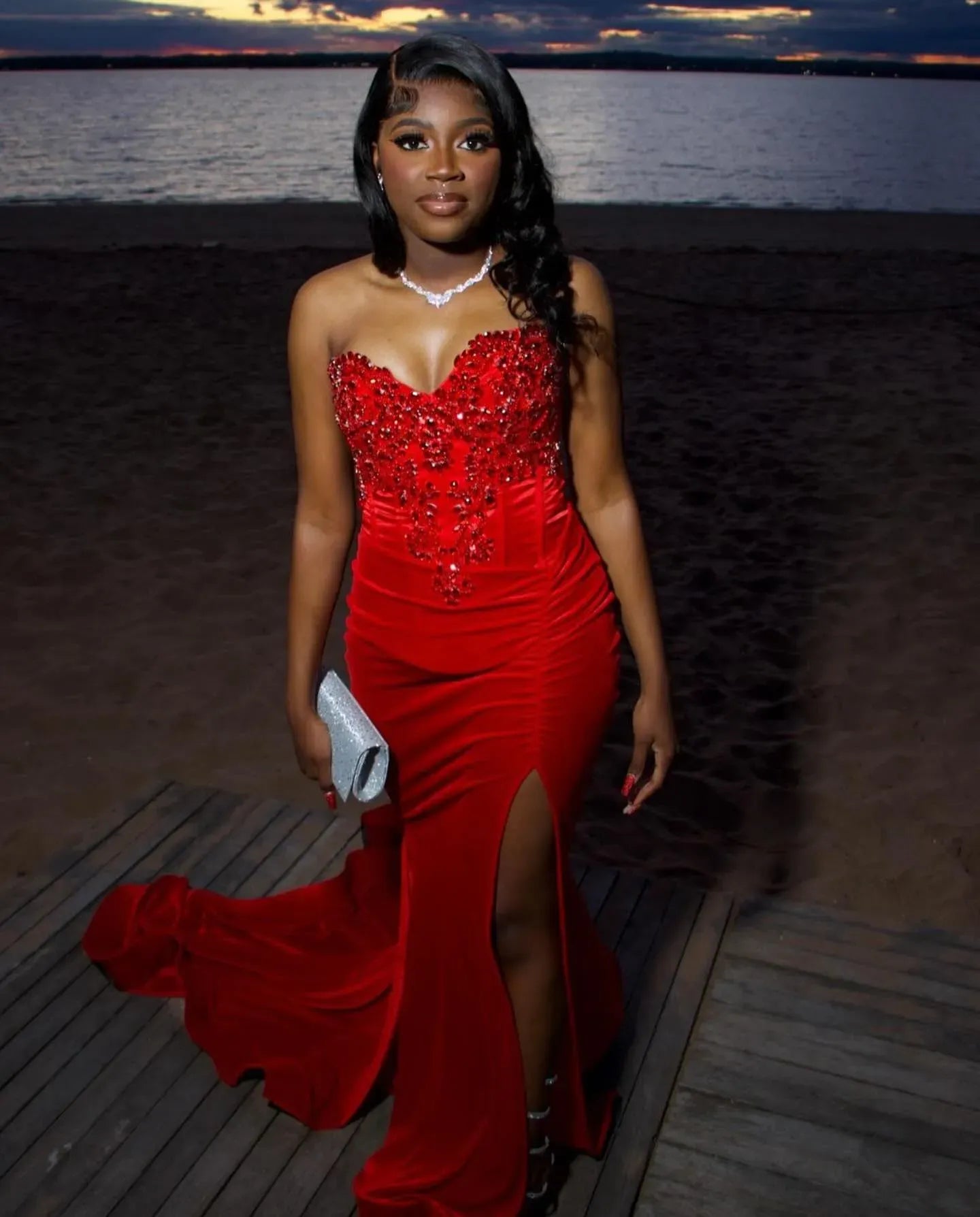 Luxurious V-neck Sleeveless Mermaid Slit Satin Long Prom Dress