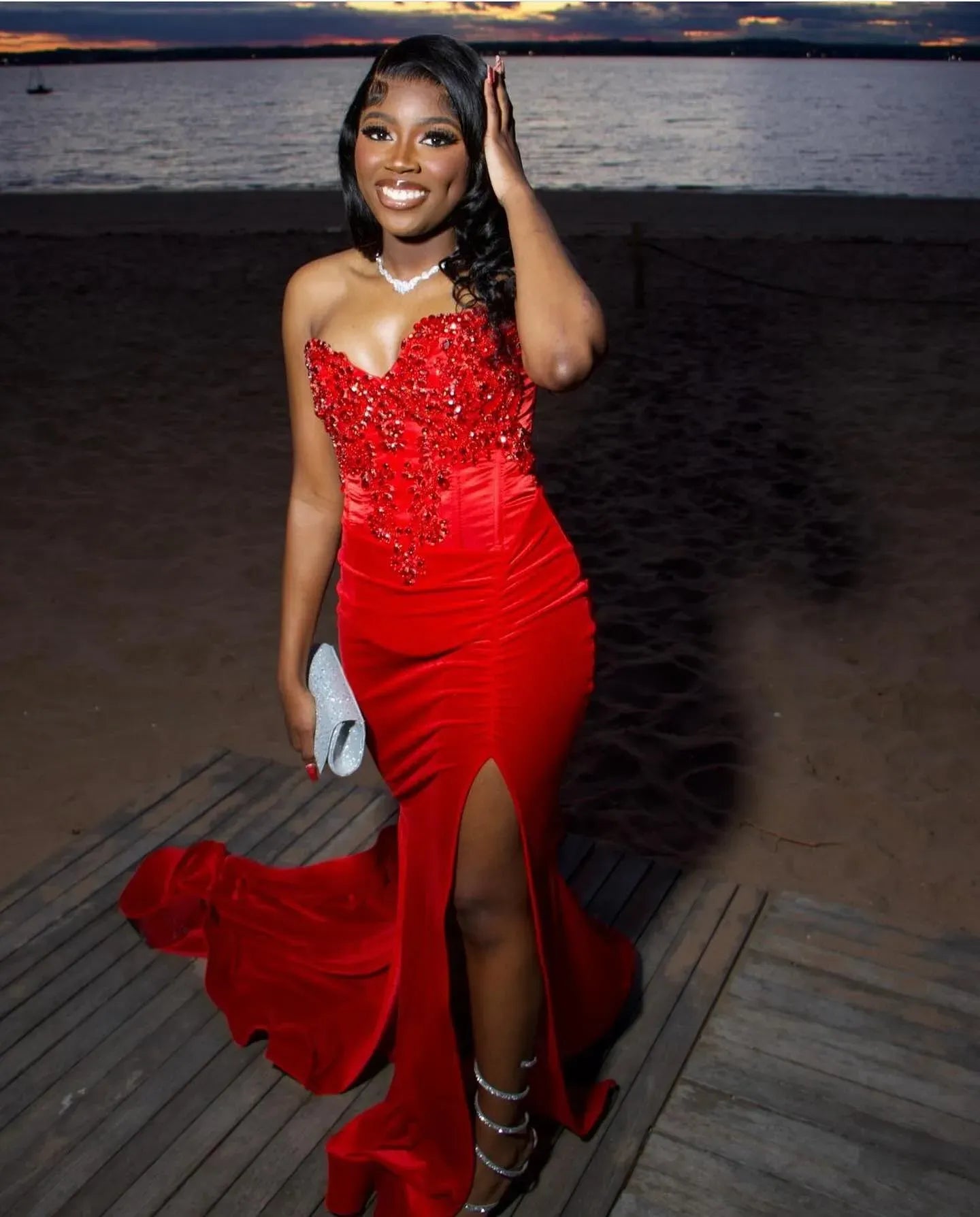 Luxurious V-neck Sleeveless Mermaid Slit Satin Long Prom Dress