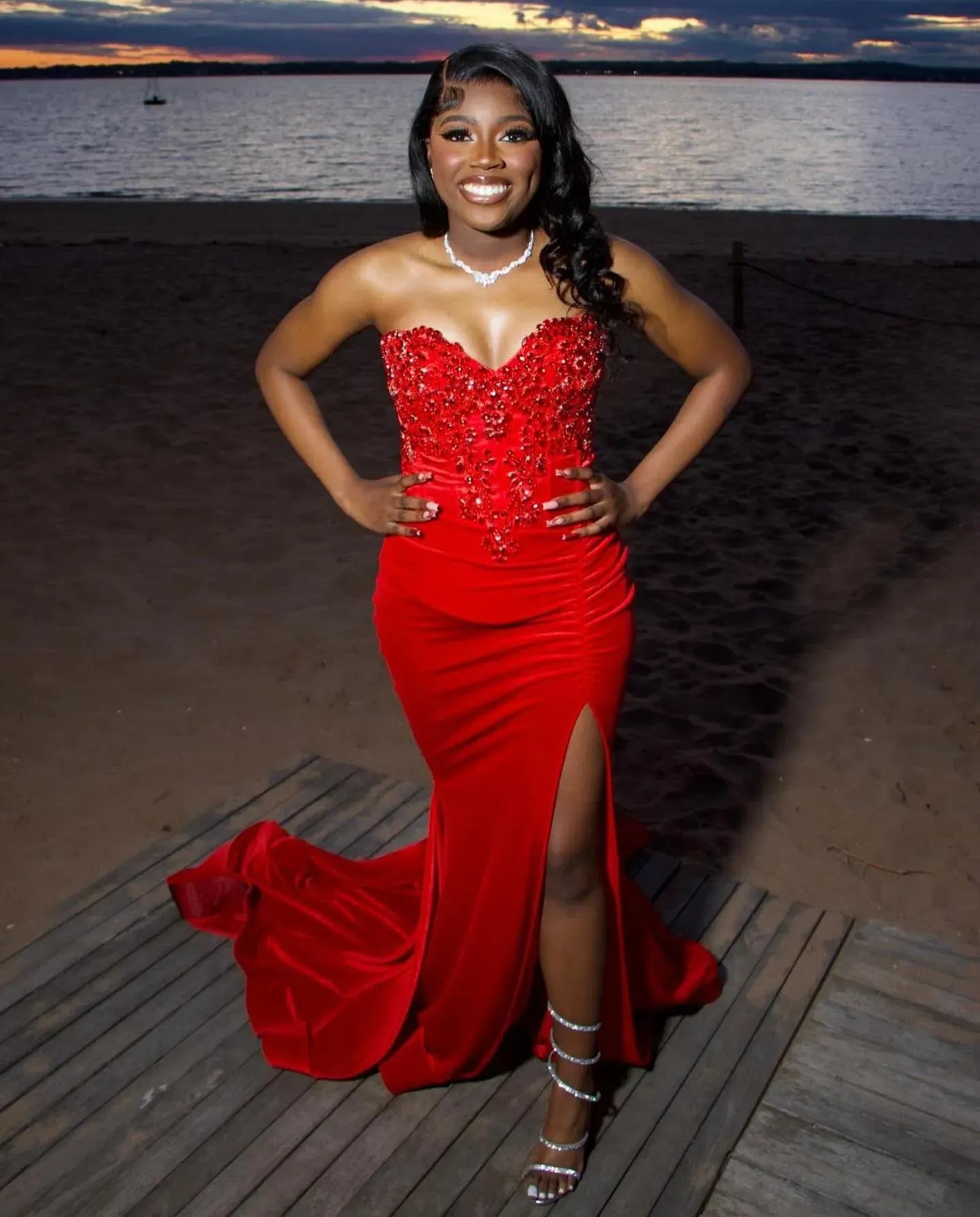 Luxurious V-neck Sleeveless Mermaid Slit Satin Long Prom Dress