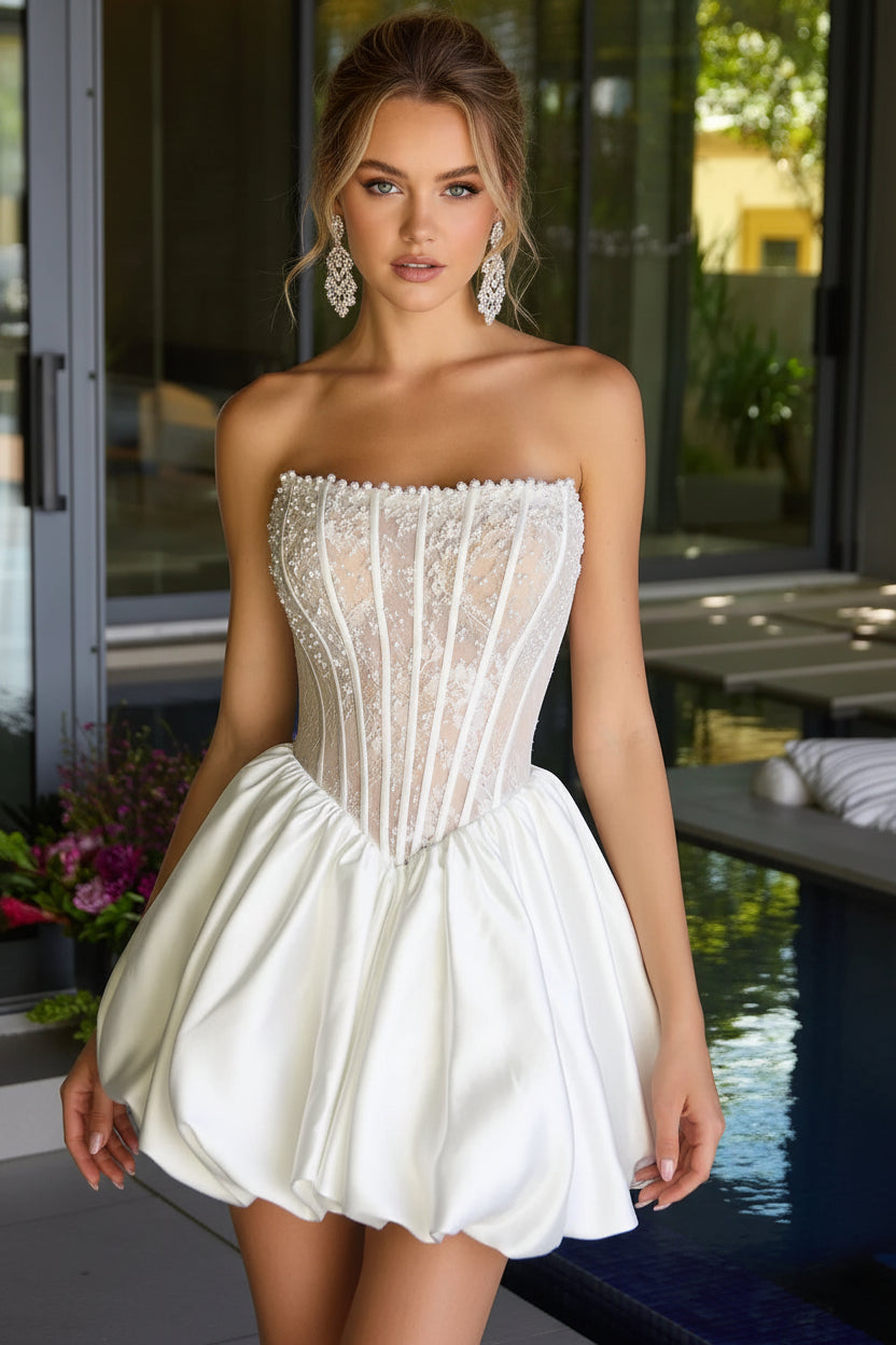 Luxurious A-Line Strapless Corset Beaded Satin White Mini Homecoming Dress With Bubble Hem