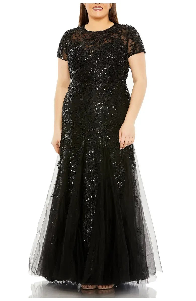 Luxury A-Line High Neck Short Sleeve Sequins Floor-Length Plus Size Mother of the Bride Dress