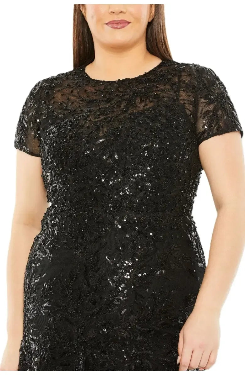 Luxury A-Line High Neck Short Sleeve Sequins Floor-Length Plus Size Mother of the Bride Dress