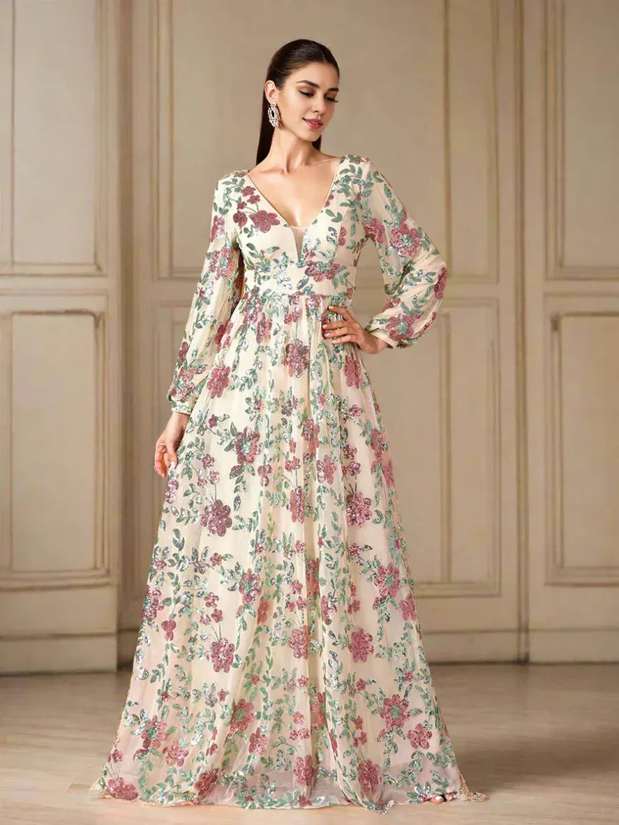 Luxury A-Line V-Neck Long sleeves Backless Floor-Length Prom Dress