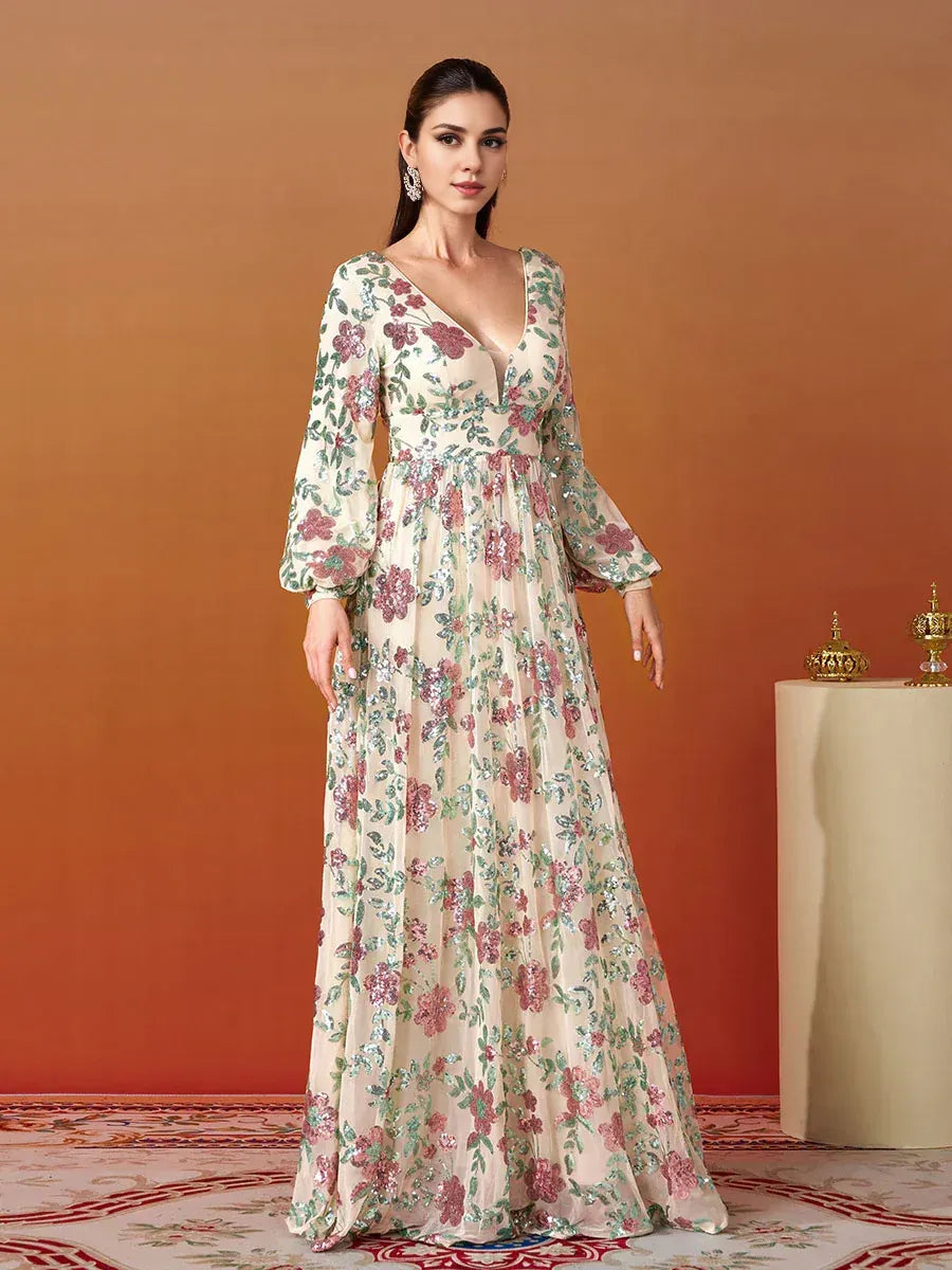 Luxury A-Line V-Neck Long sleeves Backless Floor-Length Prom Dress