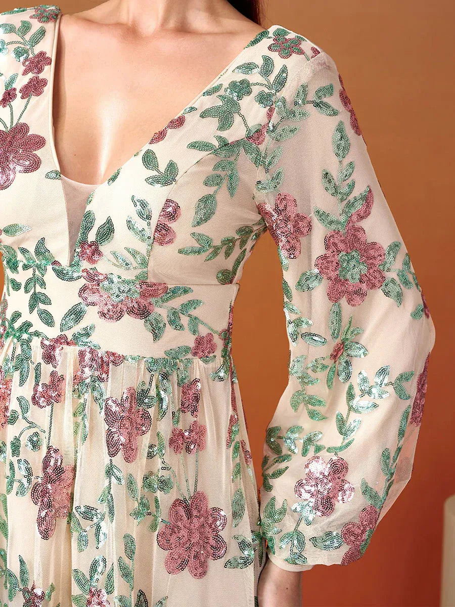 Luxury A-Line V-Neck Long sleeves Backless Floor-Length Prom Dress