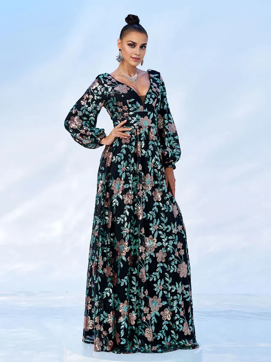 Luxury A-Line V-Neck Long sleeves Backless Floor-Length Prom Dress