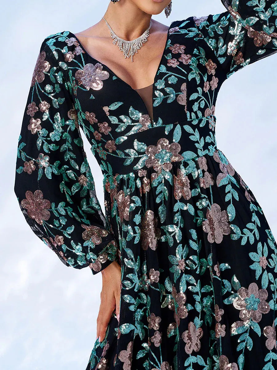 Luxury A-Line V-Neck Long sleeves Backless Floor-Length Prom Dress