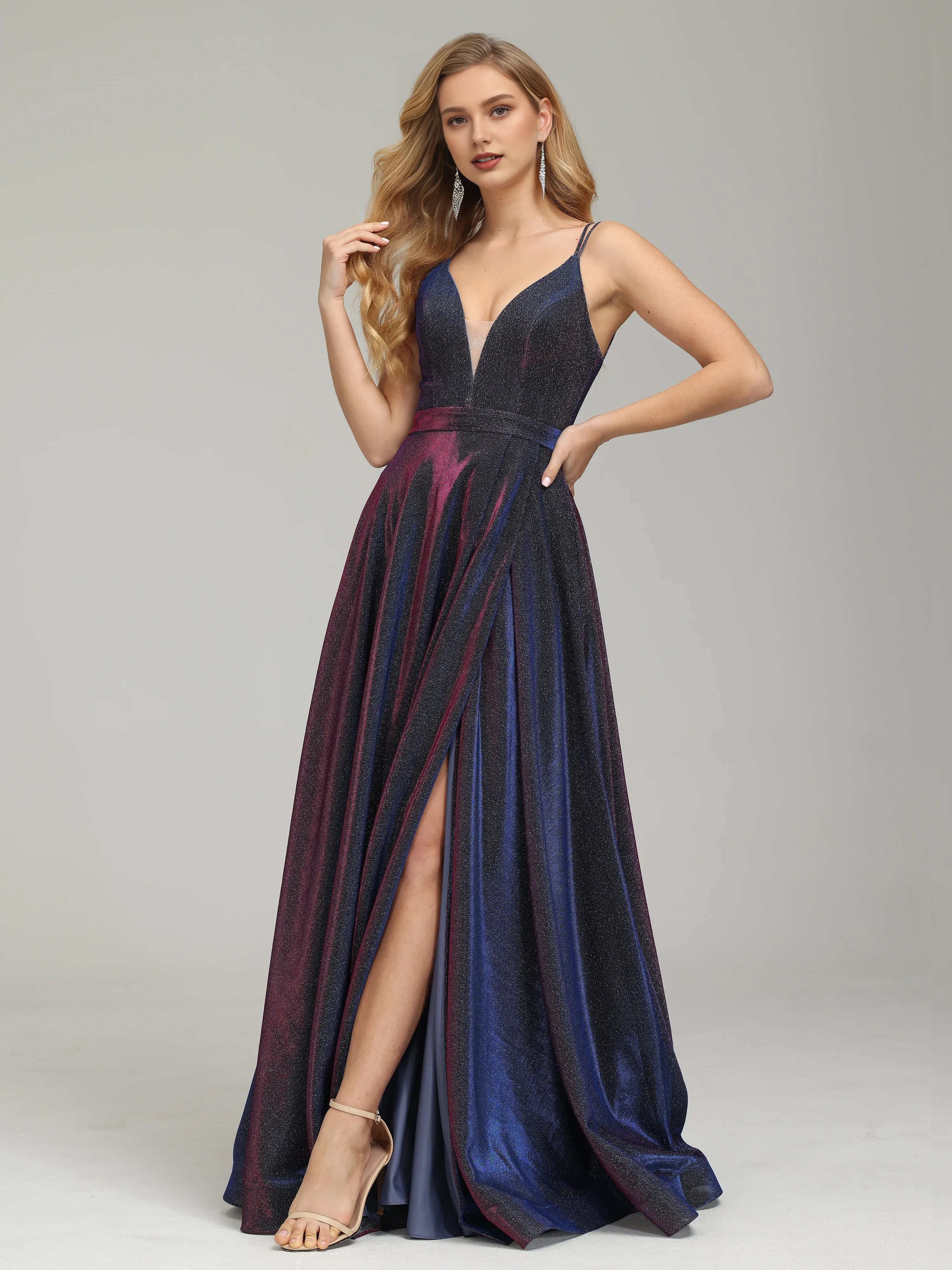 Luxury A-Line V-neck Sleeveless Backless Floor-Length Prom Dress