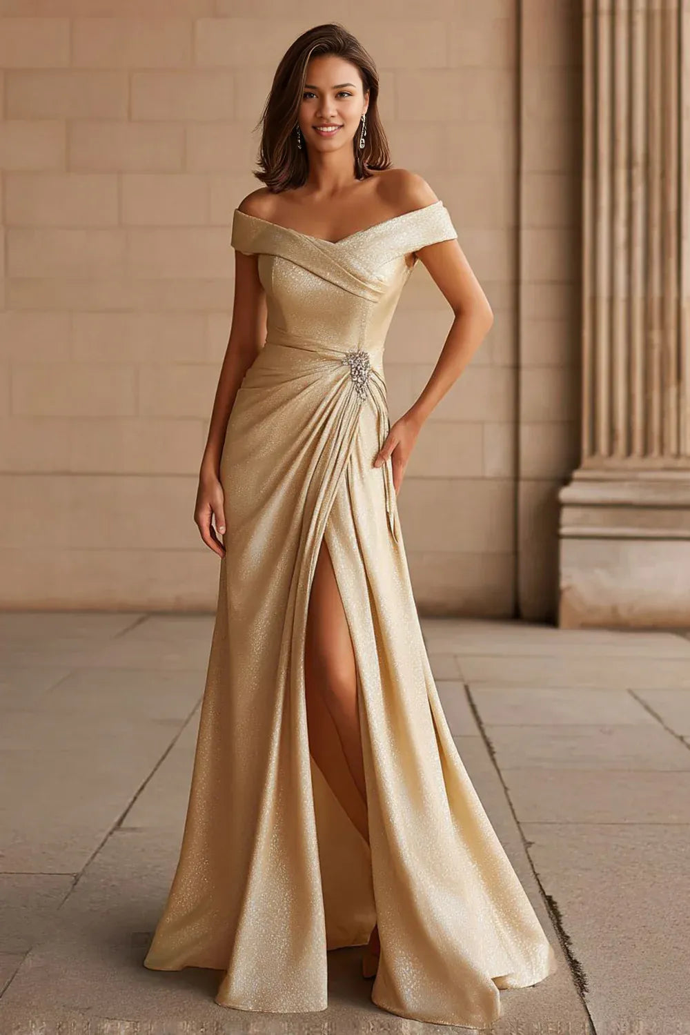 Luxury A Line Off the Shoulder Cap Sleeves Lace Up Floor-Length Mother of the Bride Dress