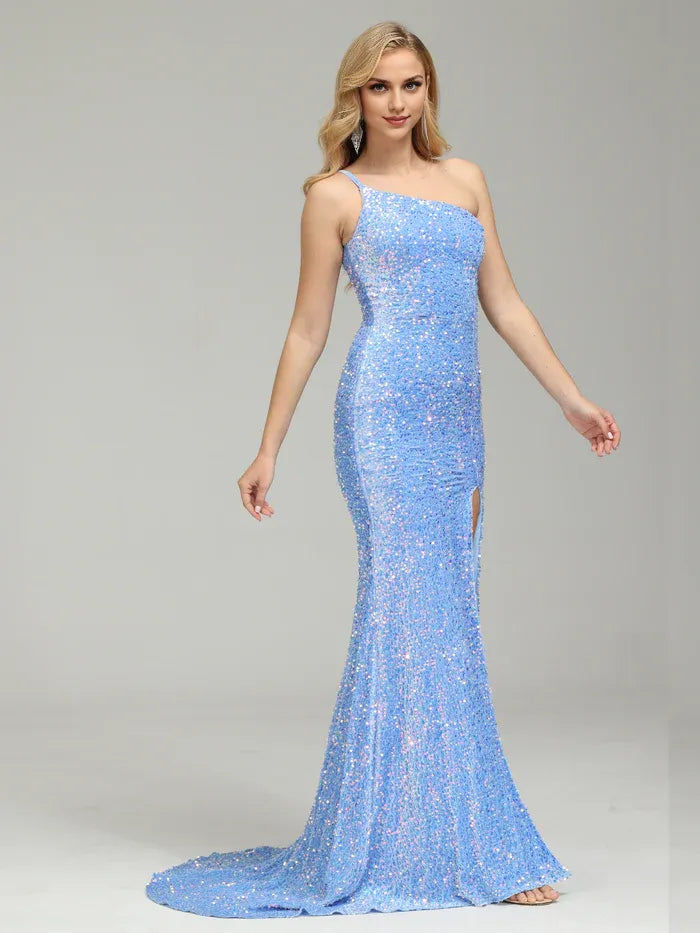 Luxury Column One Shoulder Sleeveless Backless Sweep Train Prom Dress