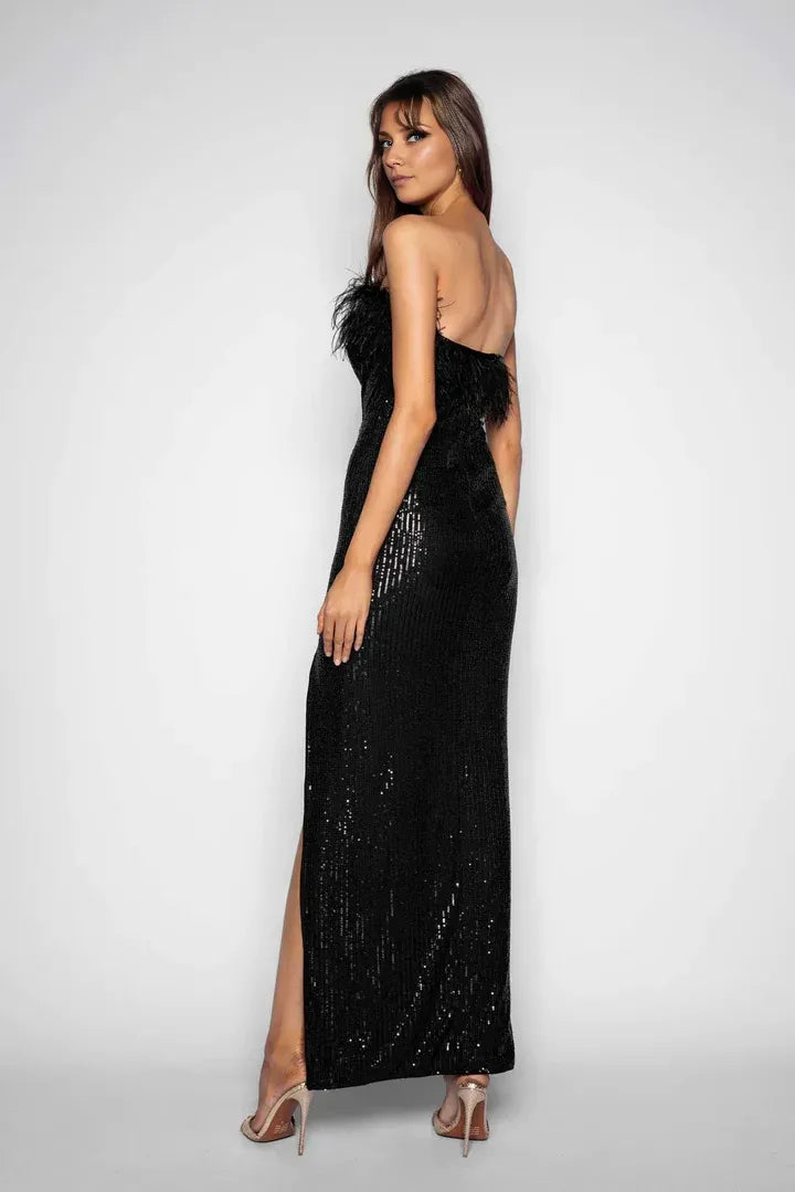 Luxury Fitted Strapless Sleeveless Sequins Ankle-Length Prom Dress