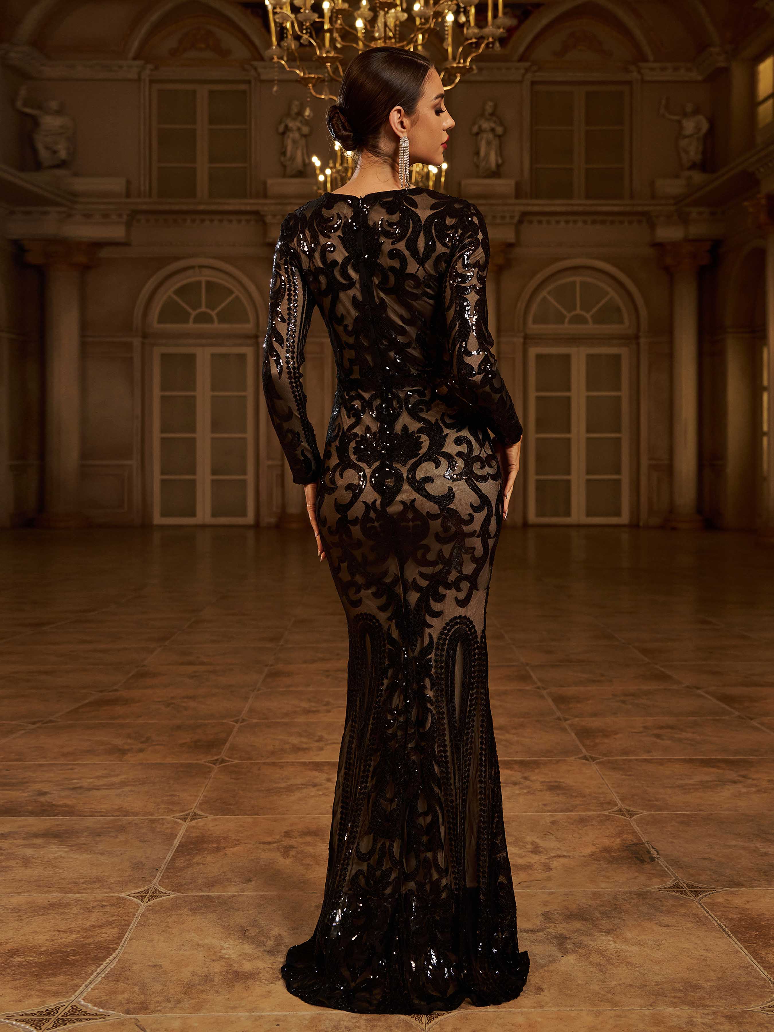 Luxury Mermaid Round Neck Long Sleeve Zipper Up Sweep/Brush Train Prom Dress