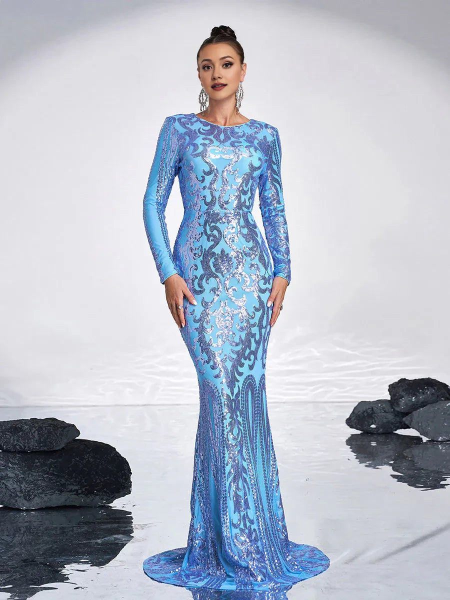Luxury Mermaid Round Neck Long Sleeve Zipper Up Sweep/Brush Train Prom Dress