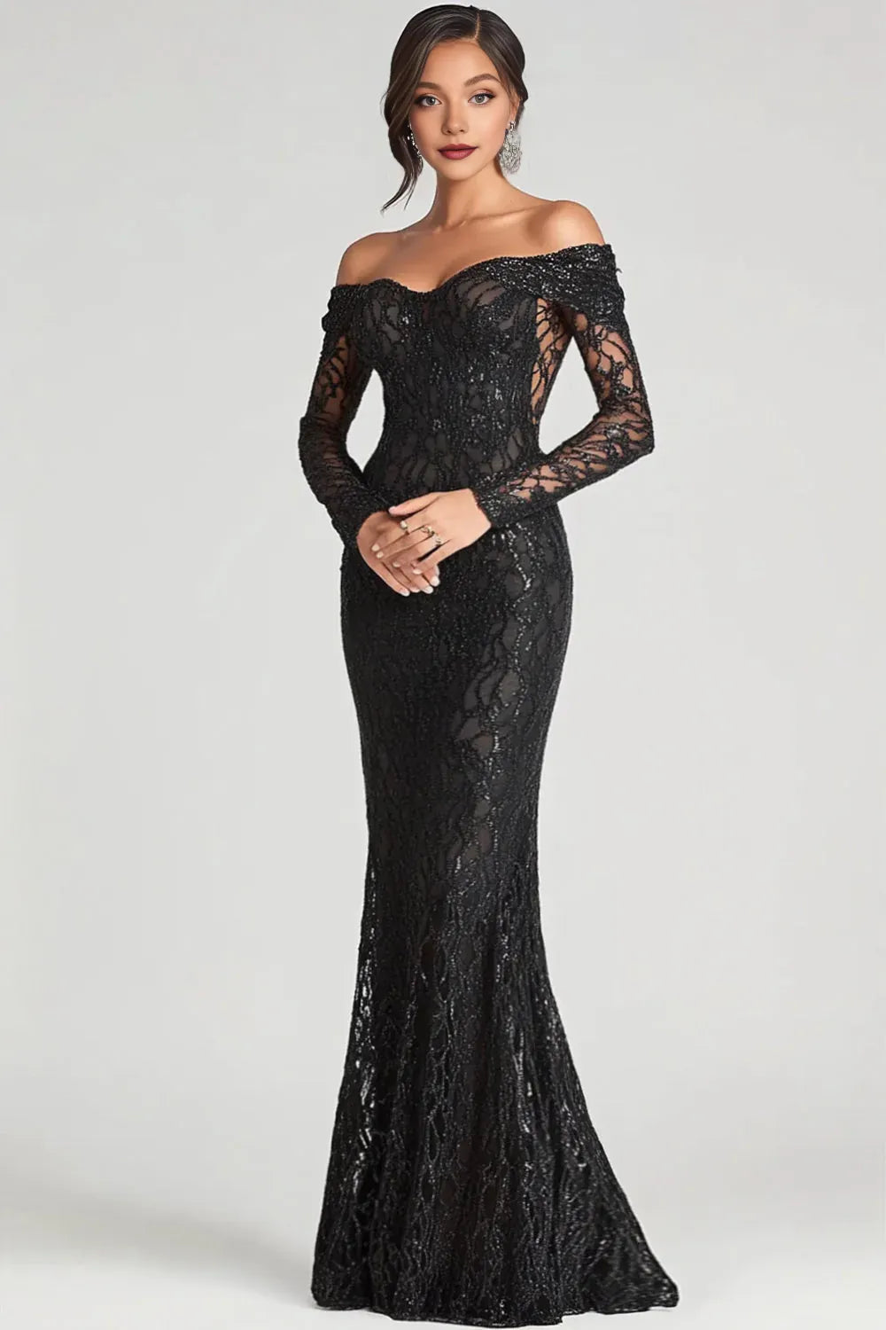 Luxury Mermaid/Trumpet Off The Shoulder Long Sleeve Sequins Floor-Length Prom Dress