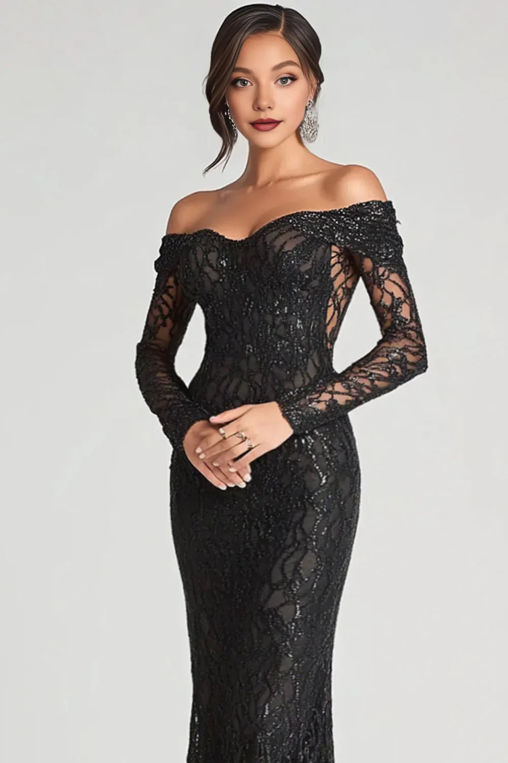 Luxury Mermaid/Trumpet Off The Shoulder Long Sleeve Sequins Floor-Length Prom Dress