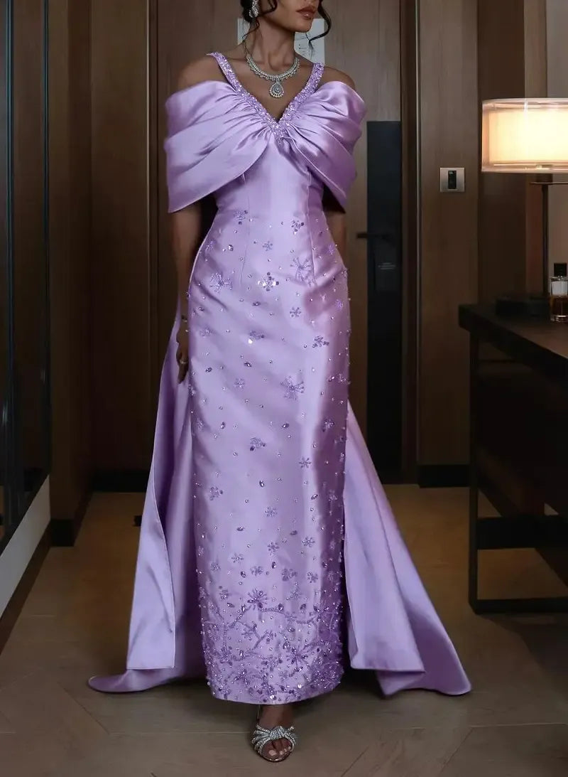 Luxury Off-The-Shoulder Sheath Sleeveless Pleated Satin Sweep Train Evening Dress