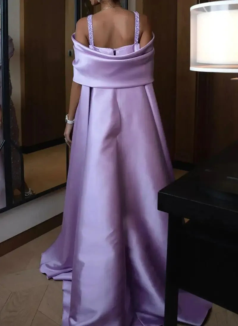 Luxury Off-The-Shoulder Sheath Sleeveless Pleated Satin Sweep Train Evening Dress