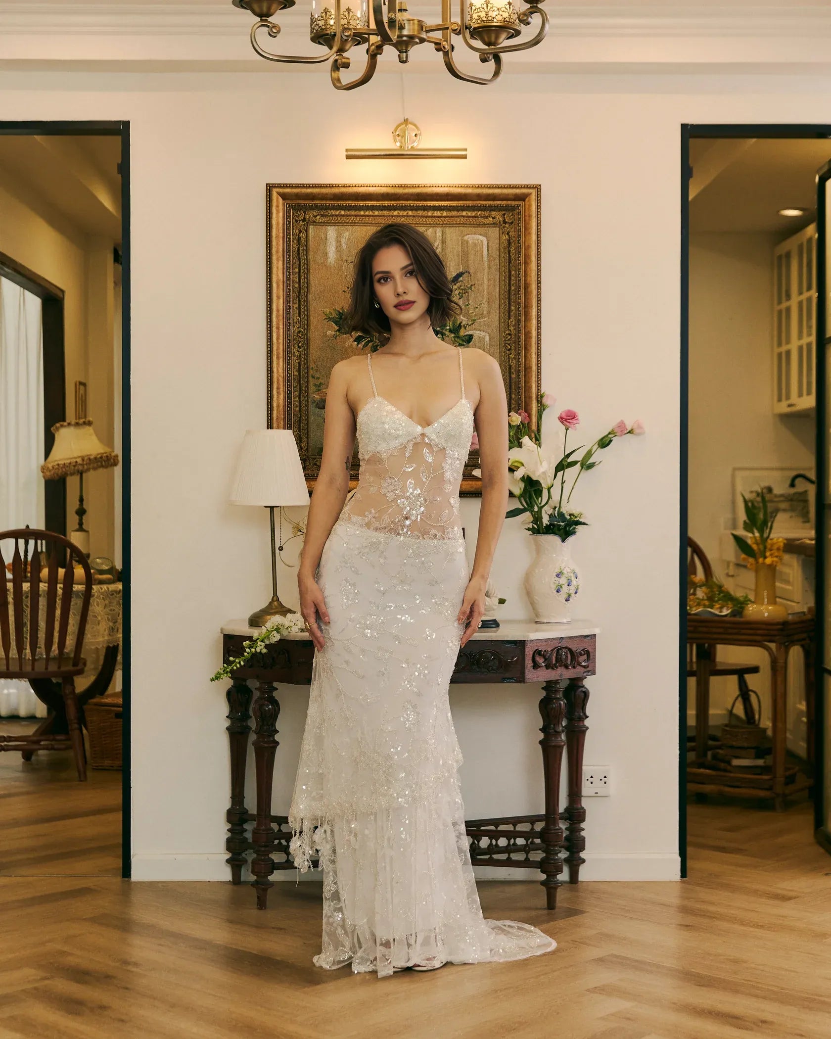 Luxury Sheath/Column Spaghetti Straps Sleeveless Backless Sweep/Brush Train Prom Dress