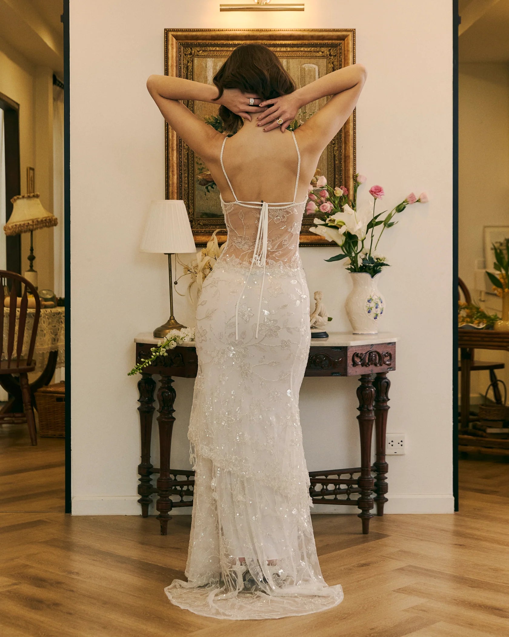 Luxury Sheath/Column Spaghetti Straps Sleeveless Backless Sweep/Brush Train Prom Dress