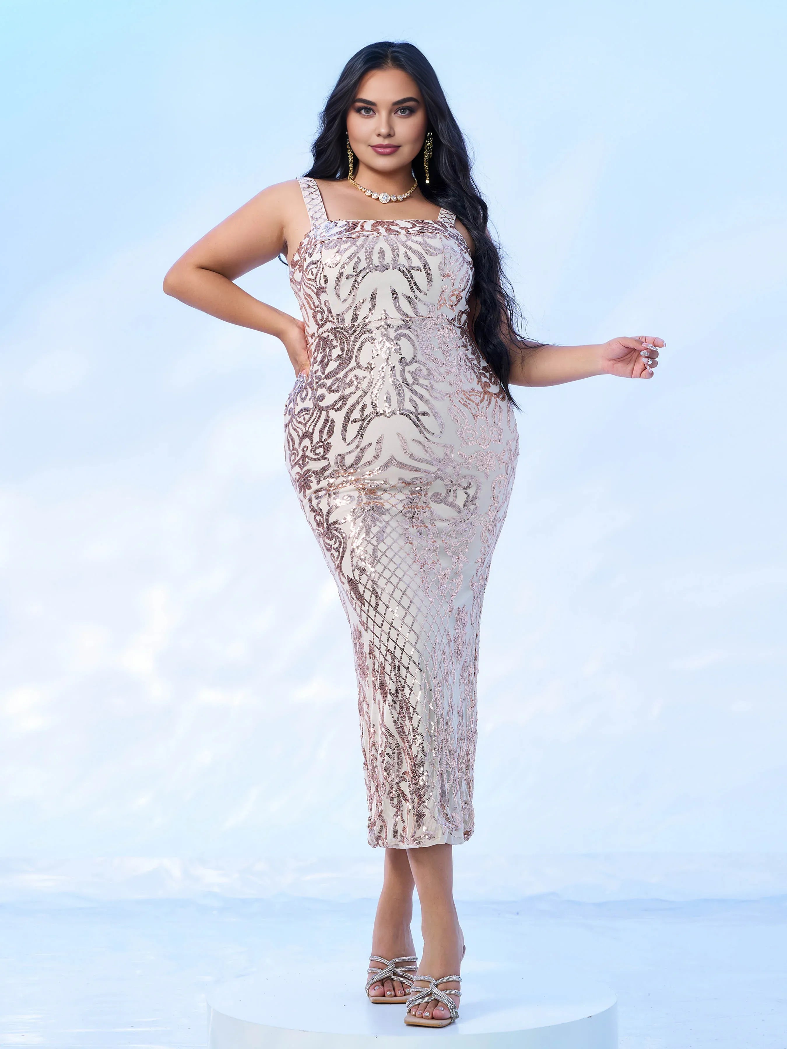 Luxury Sheath Square Neck Sleeveless Zipper Up Tea-Length Plus Size Prom Dress