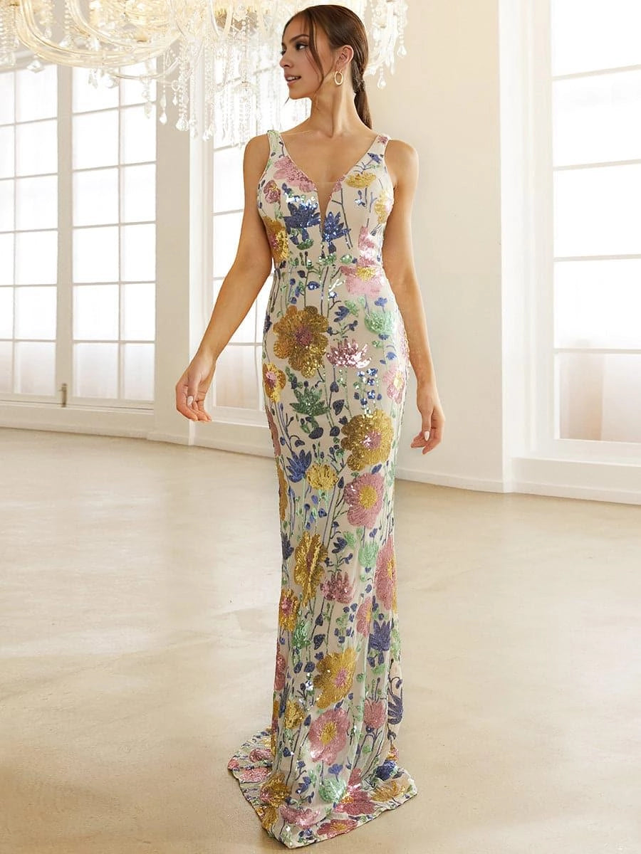 Luxury Sheath V Neck Sleeveless Backless Sweep/Brush Train Prom Dress