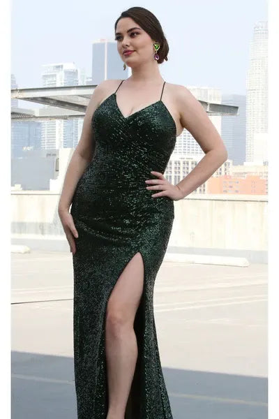 Luxury Sheath V Neck Sleeveless Sequins Floor-Length Plus Size Prom Dress