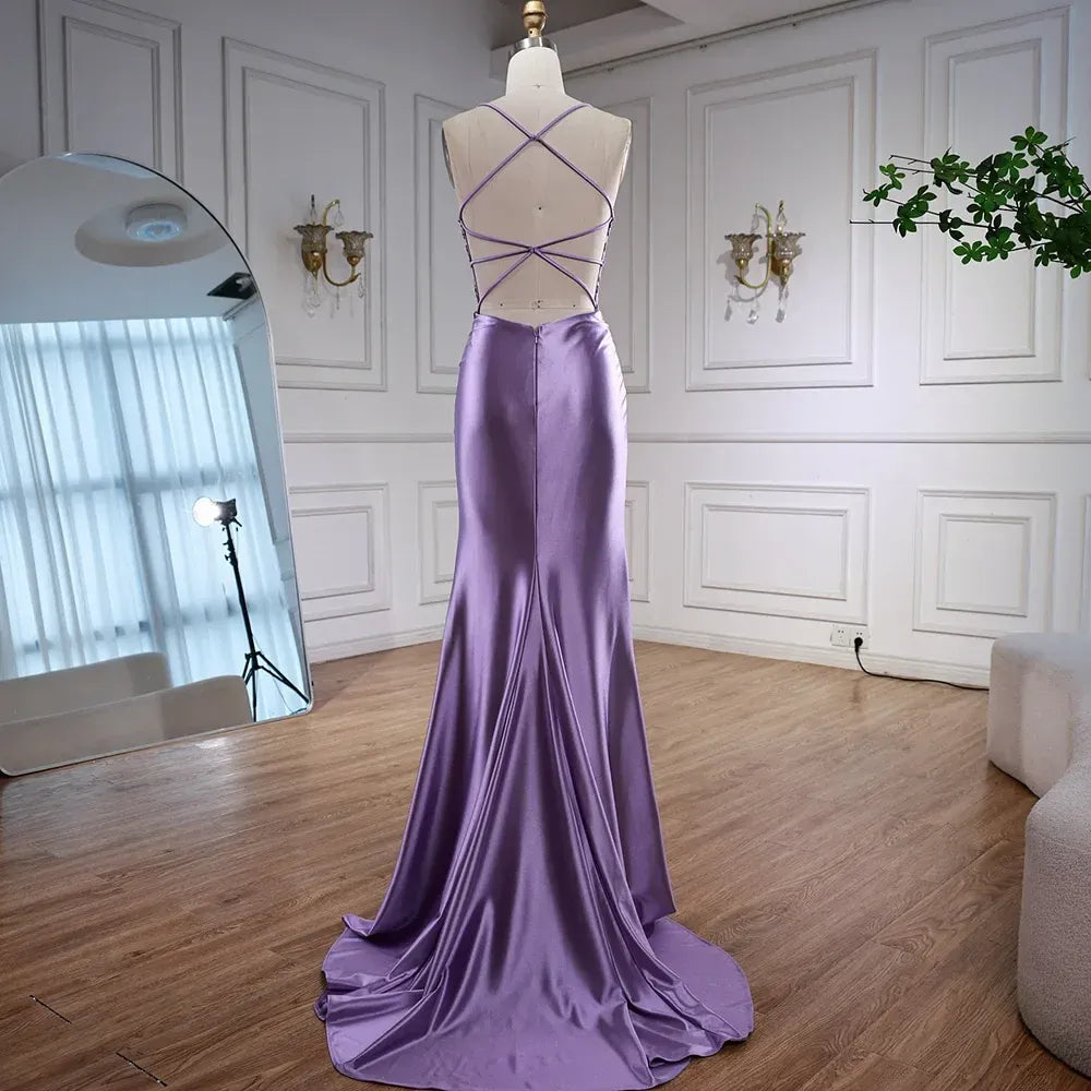 Luxury V Neck Sleeveless Fitted Satin Appliques Sweep Train Prom Dress