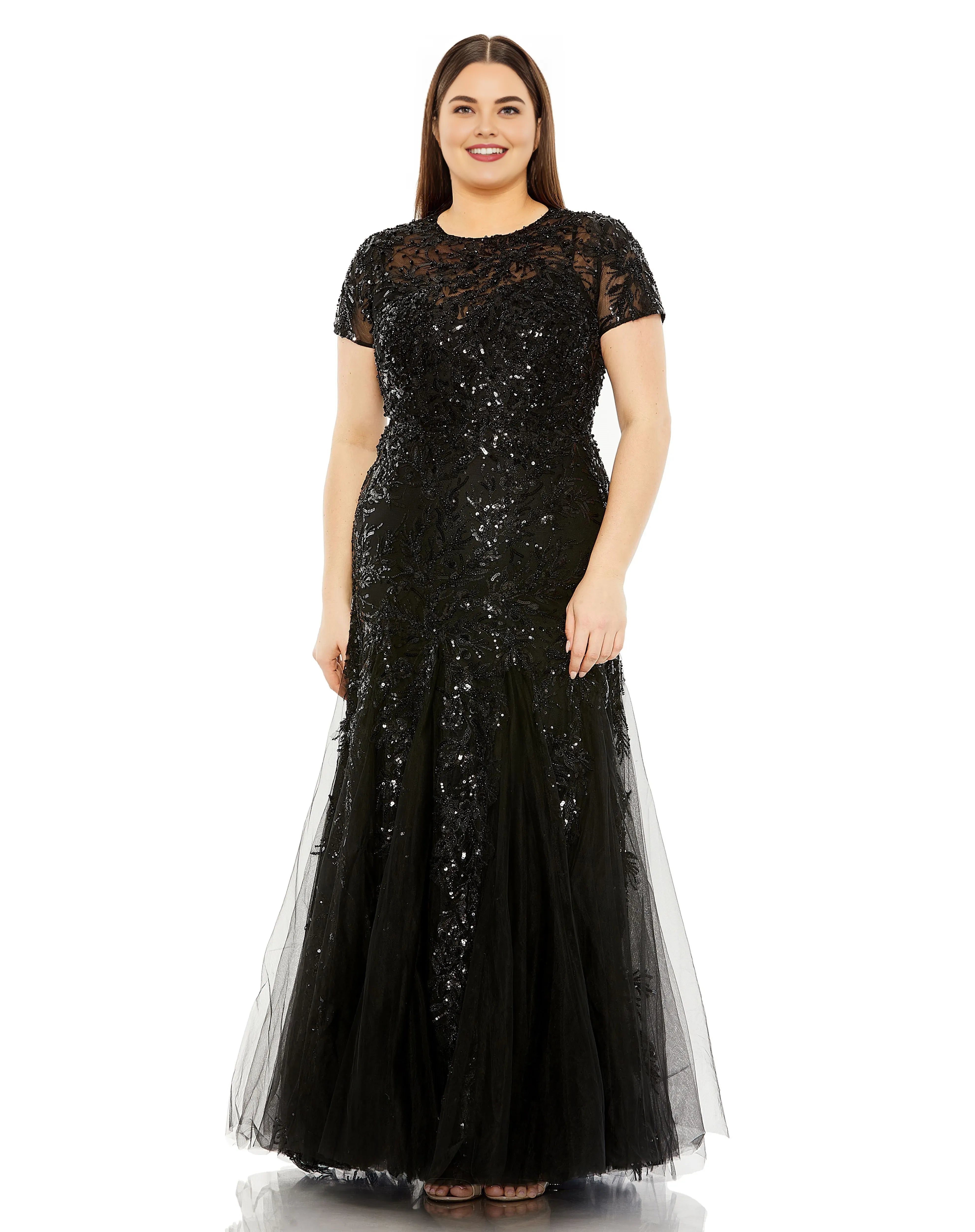 Luxury A-Line High Neck Short Sleeve Sequins Floor-Length Plus Size Mother of the Bride Dress