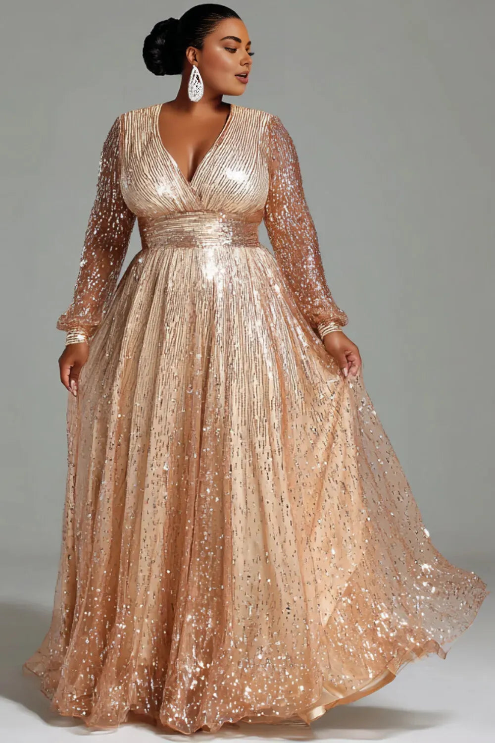 Luxury A-Line V Neck Long Sleeve Sparkle Sequins Plus Size Floor Length Prom Dress