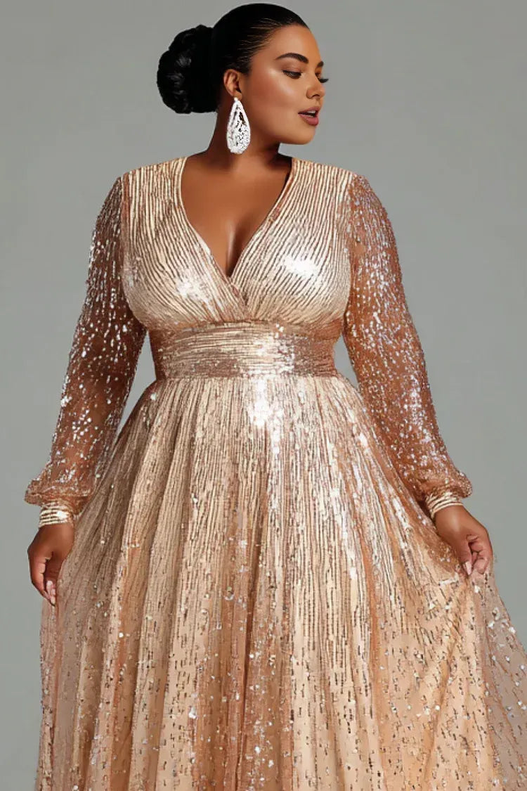 Luxury A-Line V Neck Long Sleeve Sparkle Sequins Plus Size Floor Length Prom Dress