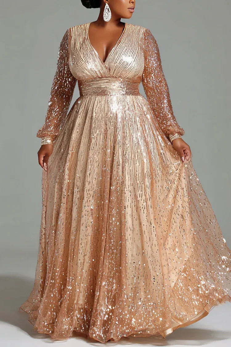 Luxury A-Line V Neck Long Sleeve Sparkle Sequins Plus Size Floor Length Prom Dress