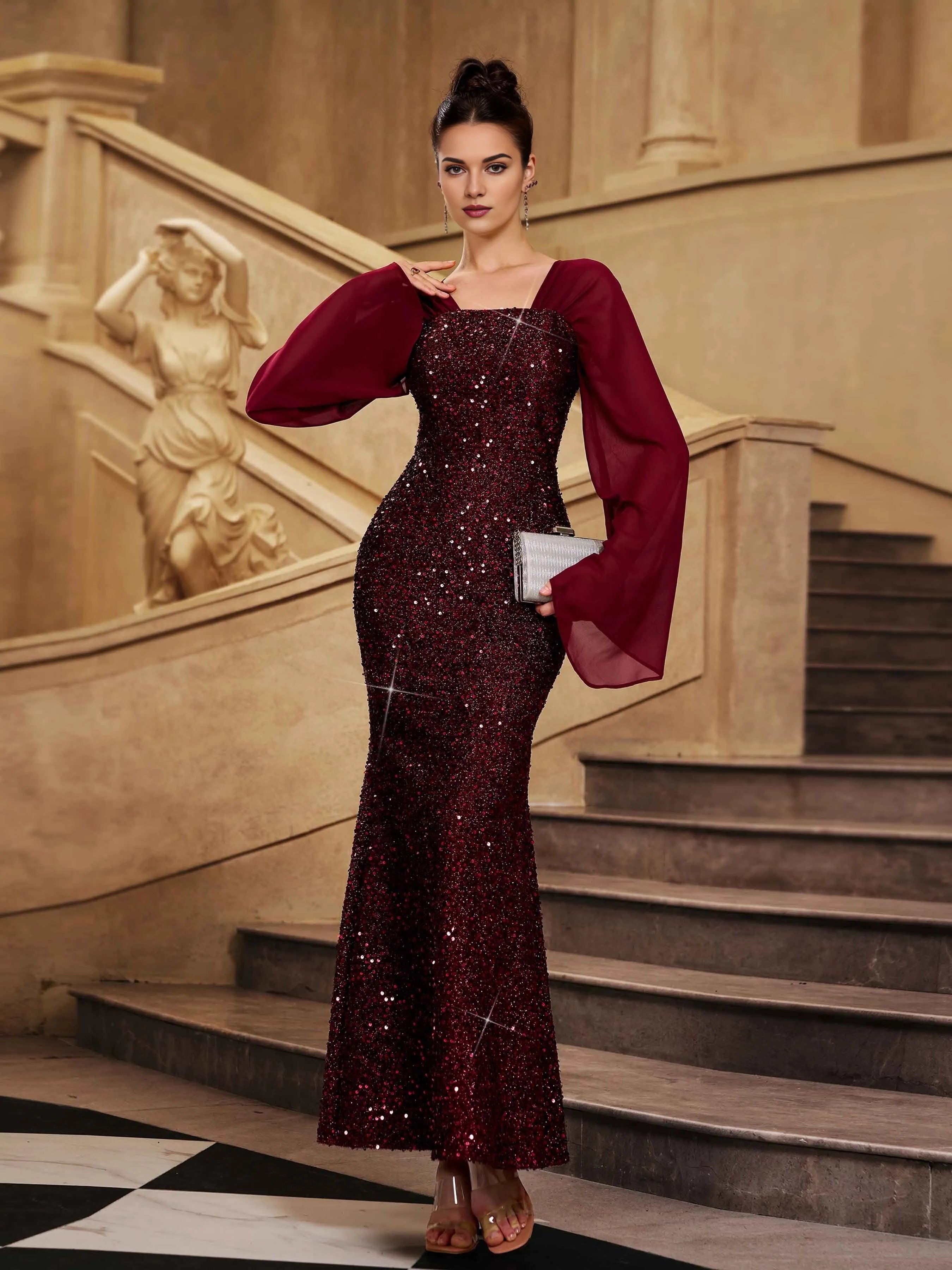 Luxury Mermaid Square Neck Bell Sleeve Back Zip Floor-Length Prom Dress